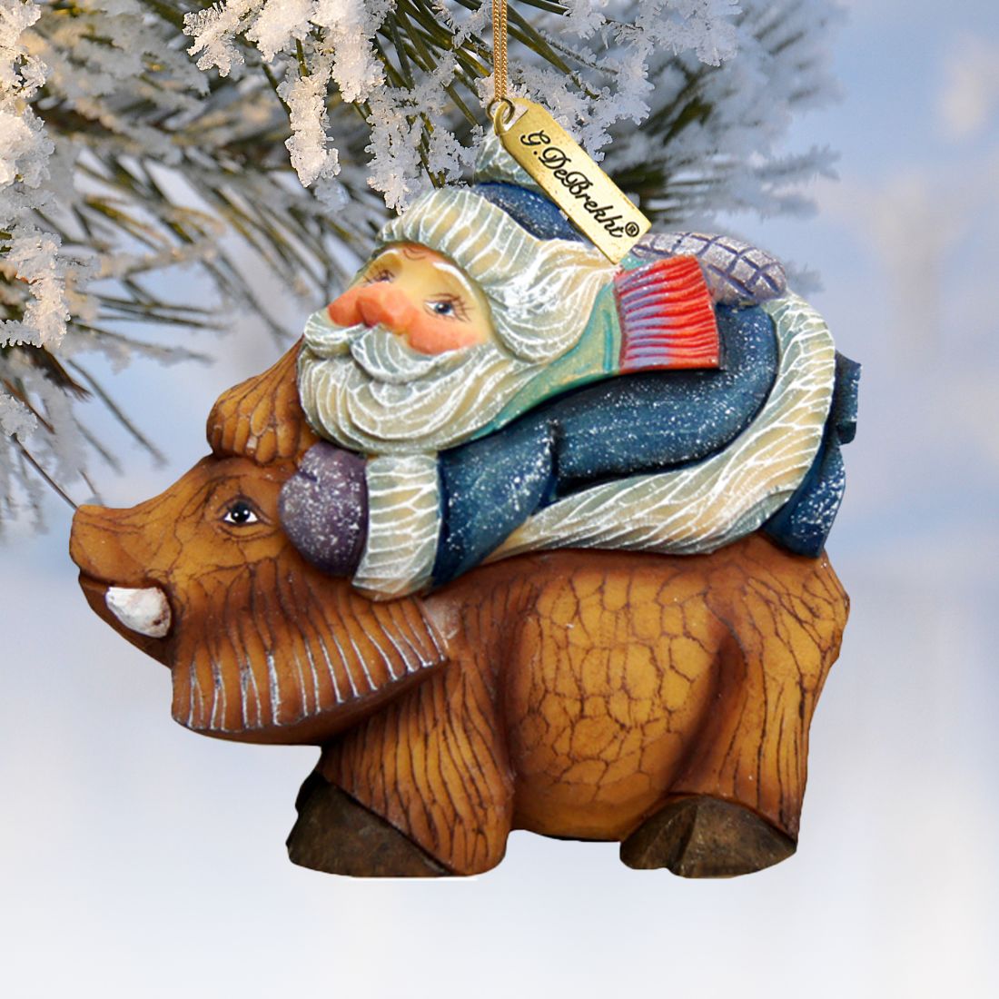 Santa On Boar Sculpted Hand-Painted Christmas Ornament by G. DeBrekht - Christmas Santa Snowman Decor - 63144