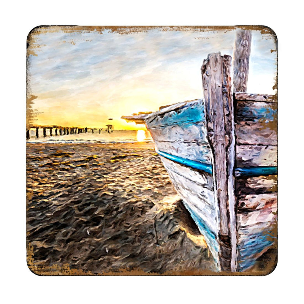 Beach Boat Coastal Wooden Cork Coasters Gift Set of 4 by Nature Wonders - Coastal Sea-Life Decor - 95271C-S4