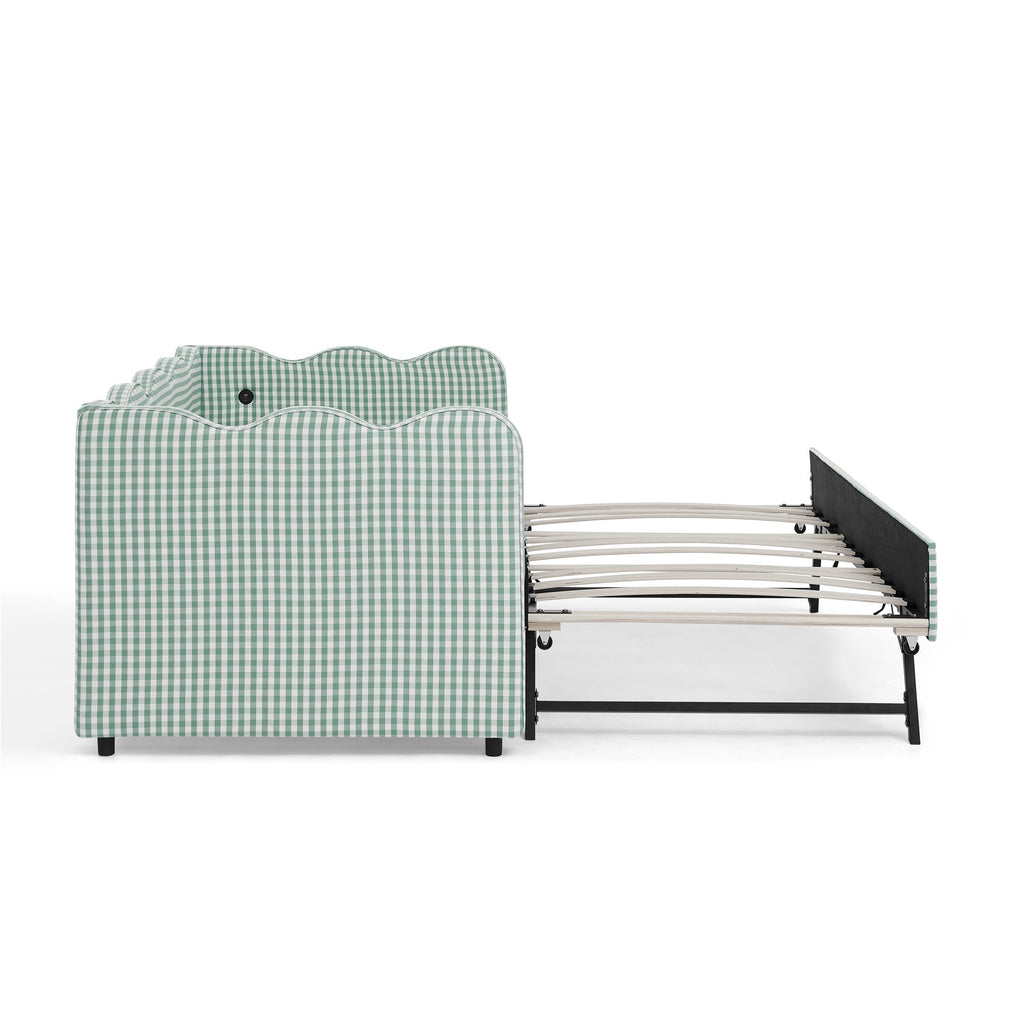 Cozy Gingham Daybed with Trundle Twin Size Sofa Bed No Box Spring Needed