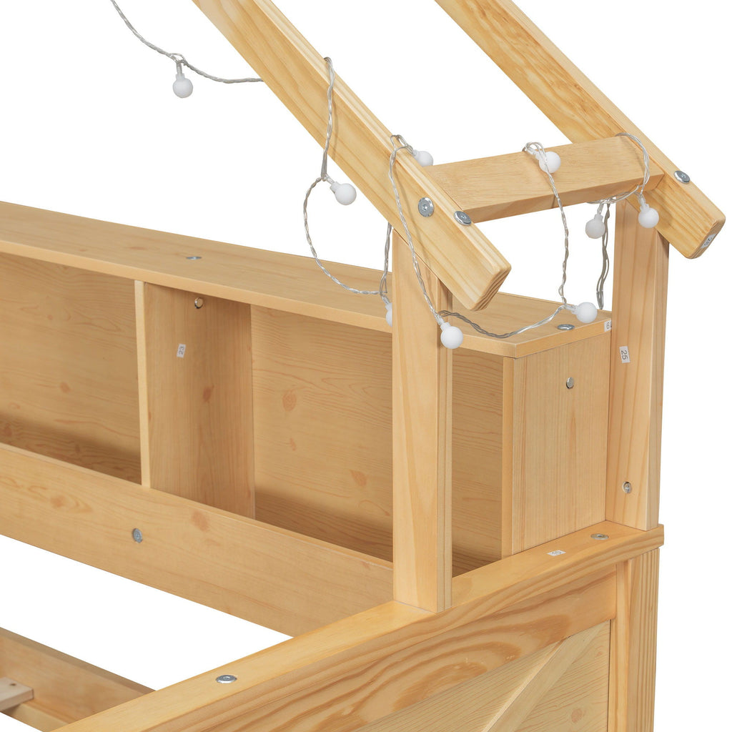 House Style Platform Bed With LED Lights, Storage Shelves, Drawers, And Guardrail