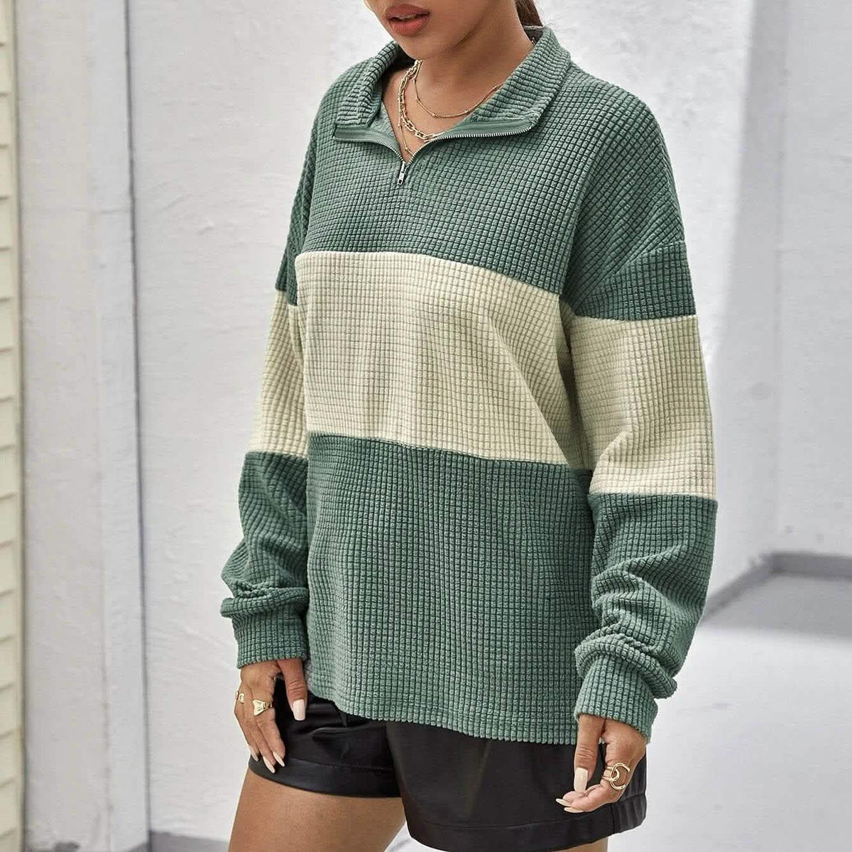 Drop Shoulder Two Tone Textured Half Placket Pullover