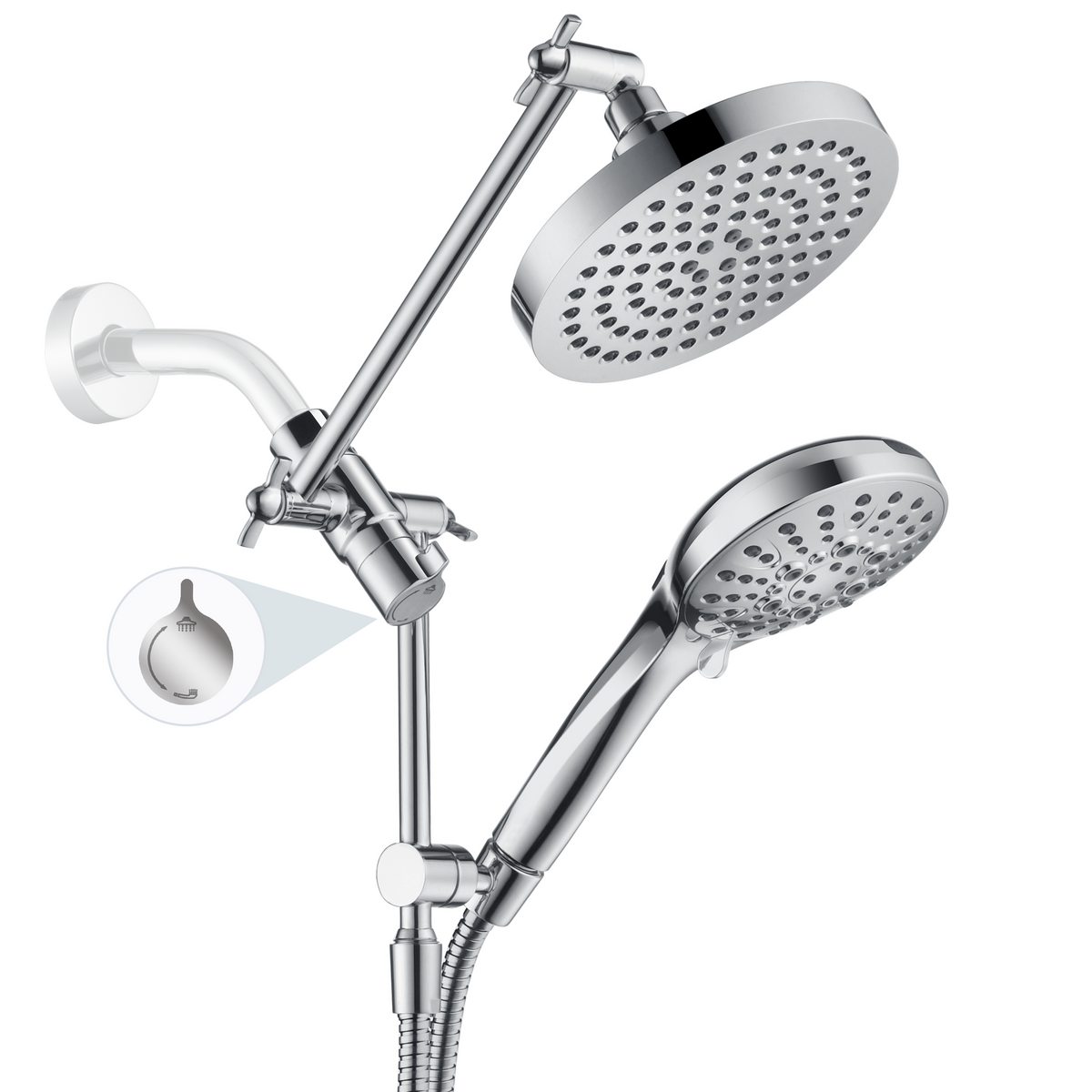 Dual Shower Head with Adjustable Extension Arm, 3-Way Diverter and Hose