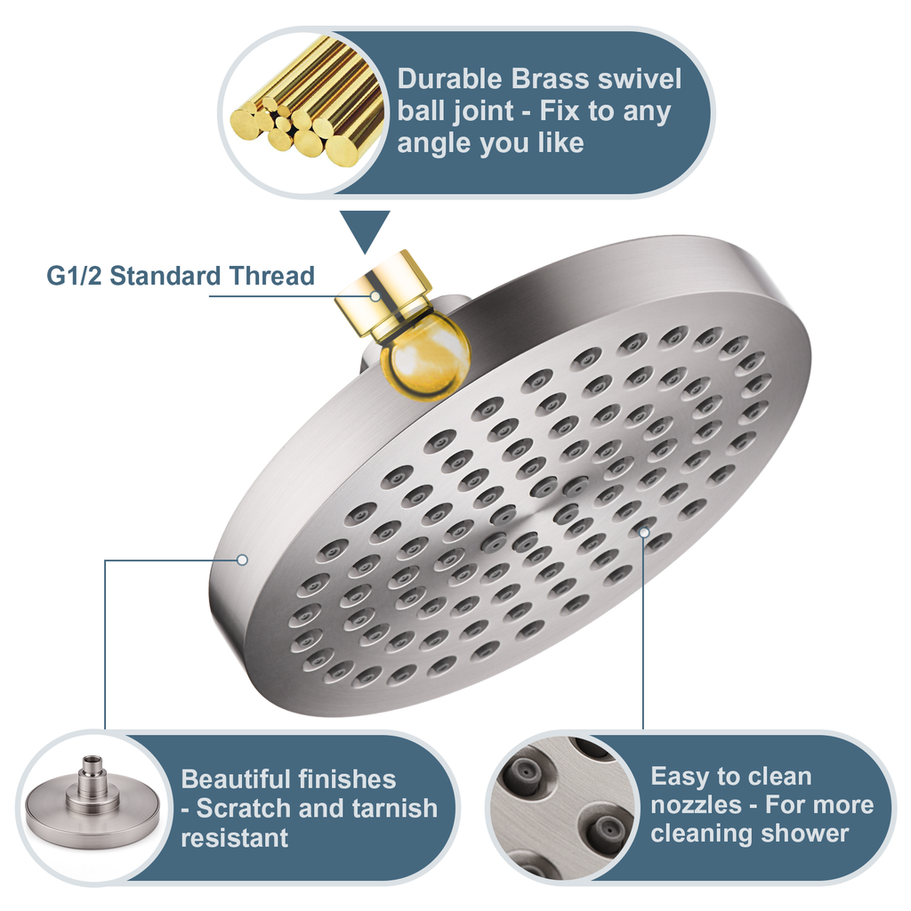 6 Inch Rainfall Shower Head with 2 Spray Settings, Adjustable Angle