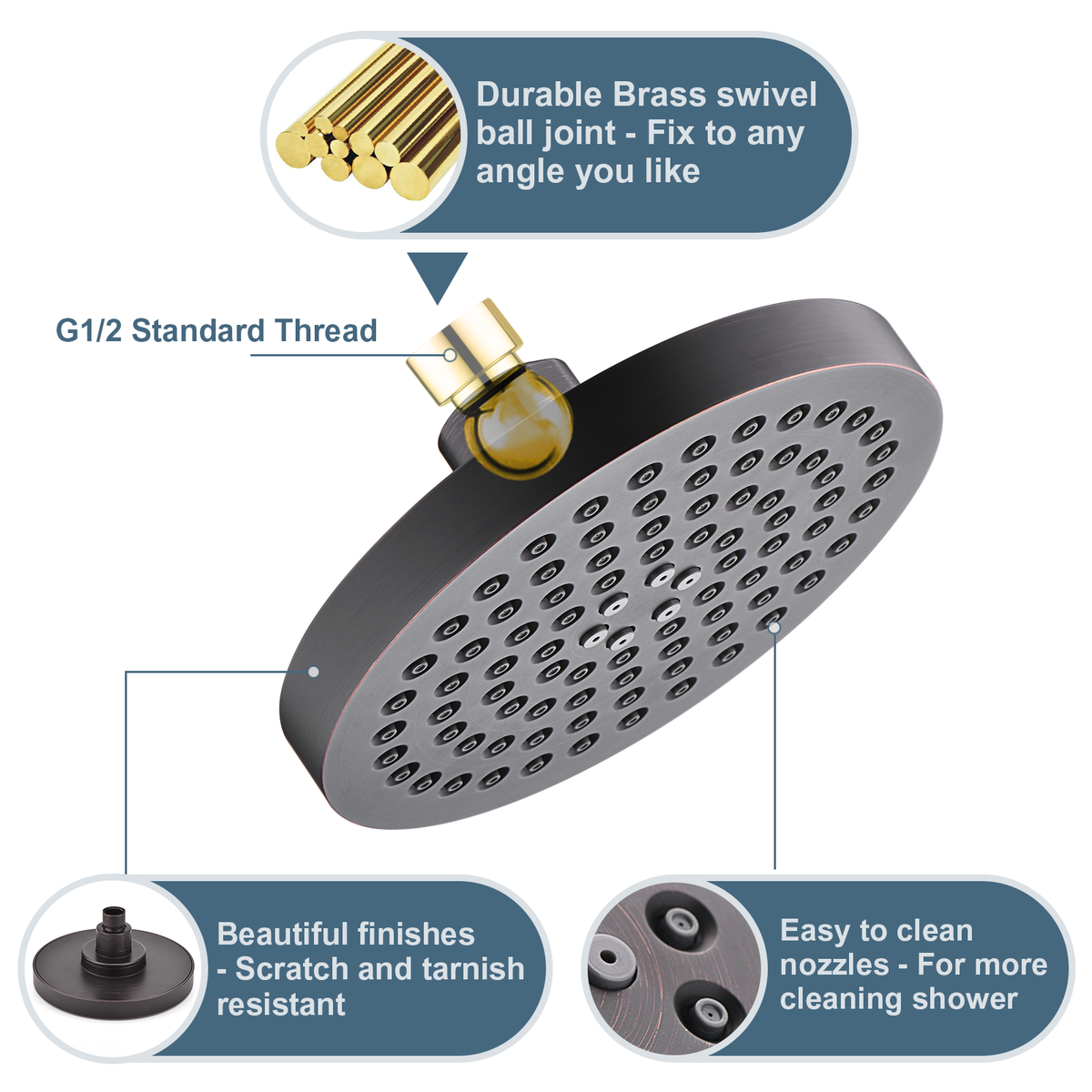 6 Inch Rainfall Shower Head with 2 Spray Settings, Adjustable Angle