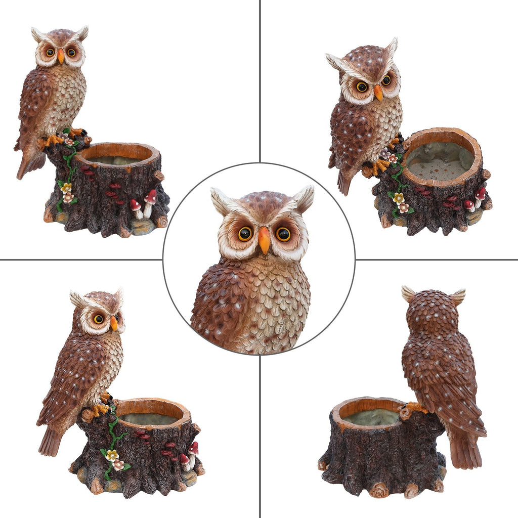 Sitting Owl with Tree Trunk Garden Planter