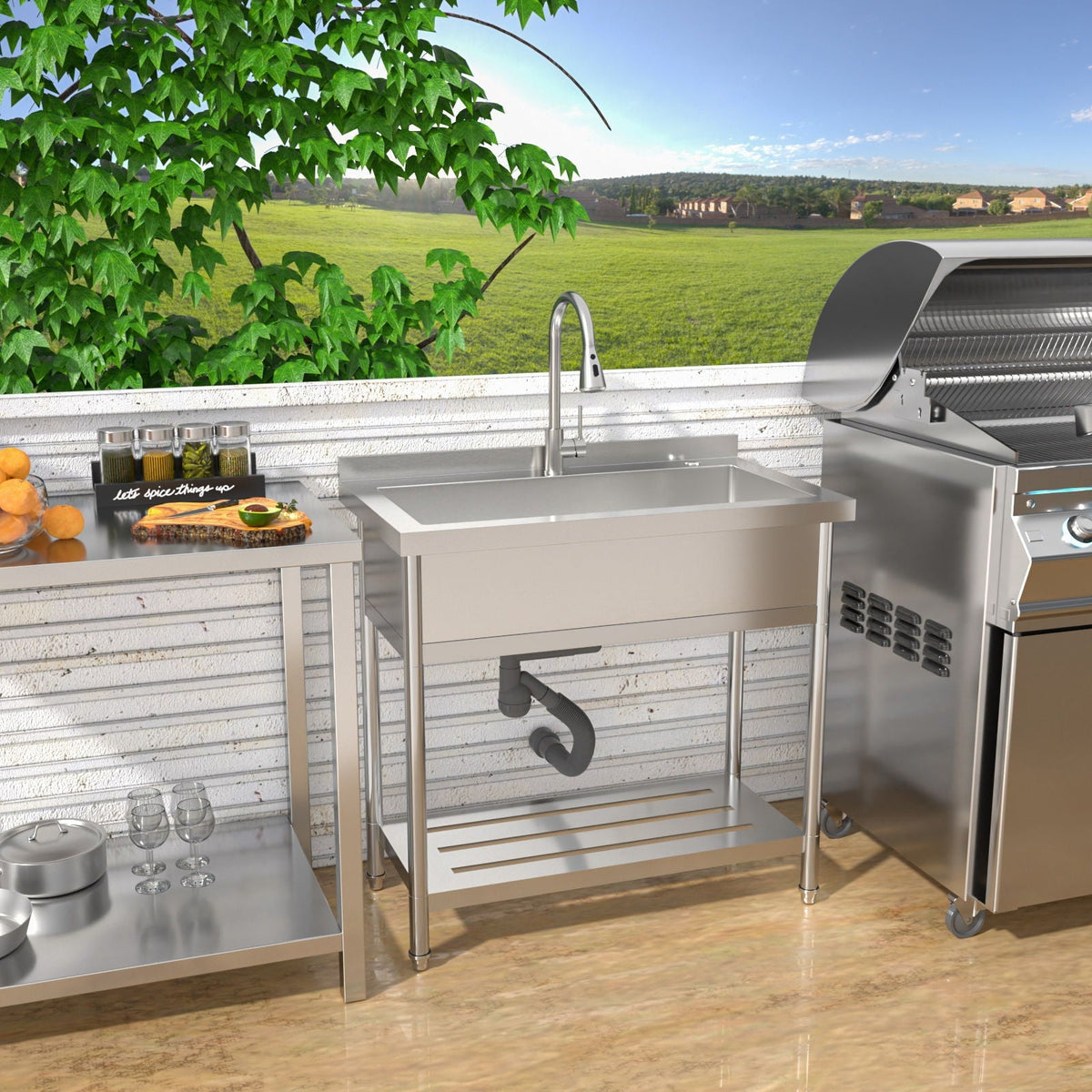 Stainless Steel Freestanding Utility Sink with Pull-Out Faucet
