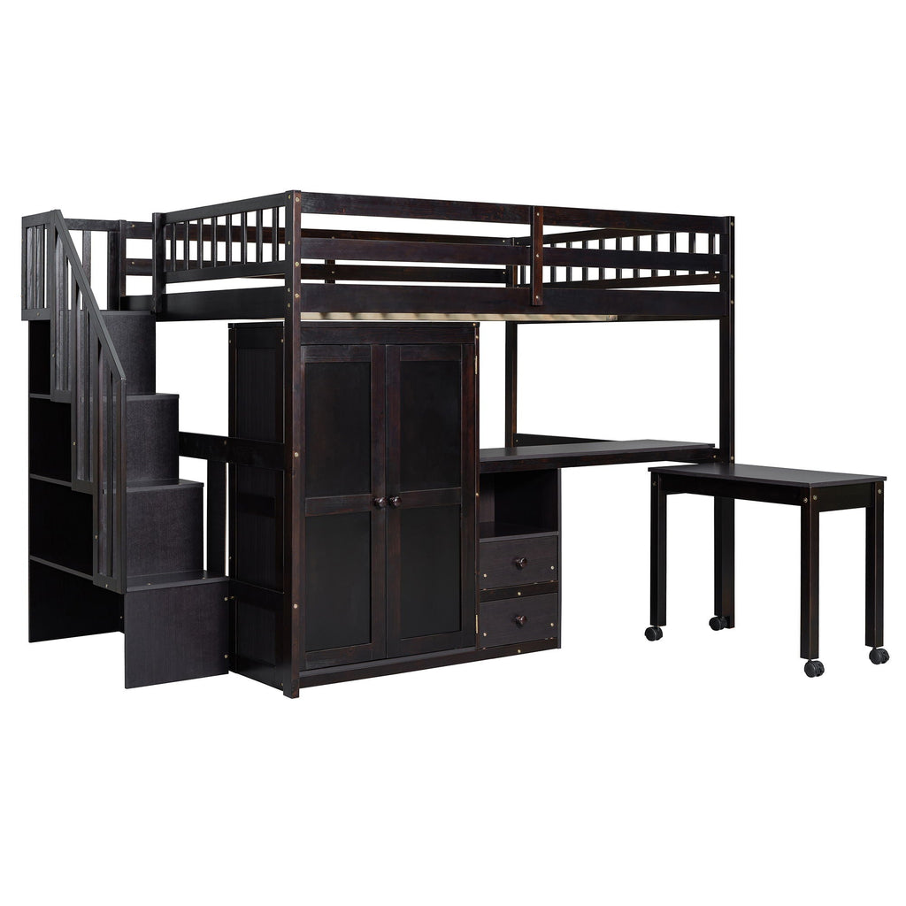 Loft Bed With Stairs, Bookshelf, Drawers, Desk & Wardrobe, Space Saving Multifunctional Furniture