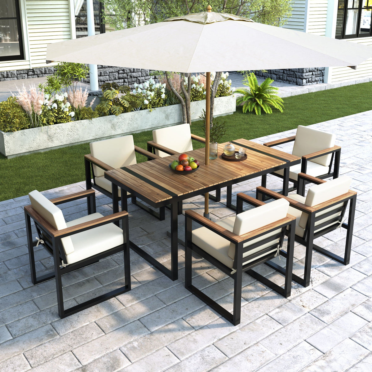 7 Pieces Outdoor Dining Set Patio Dining Table And Chair Set With And Removable Cushions For Patio