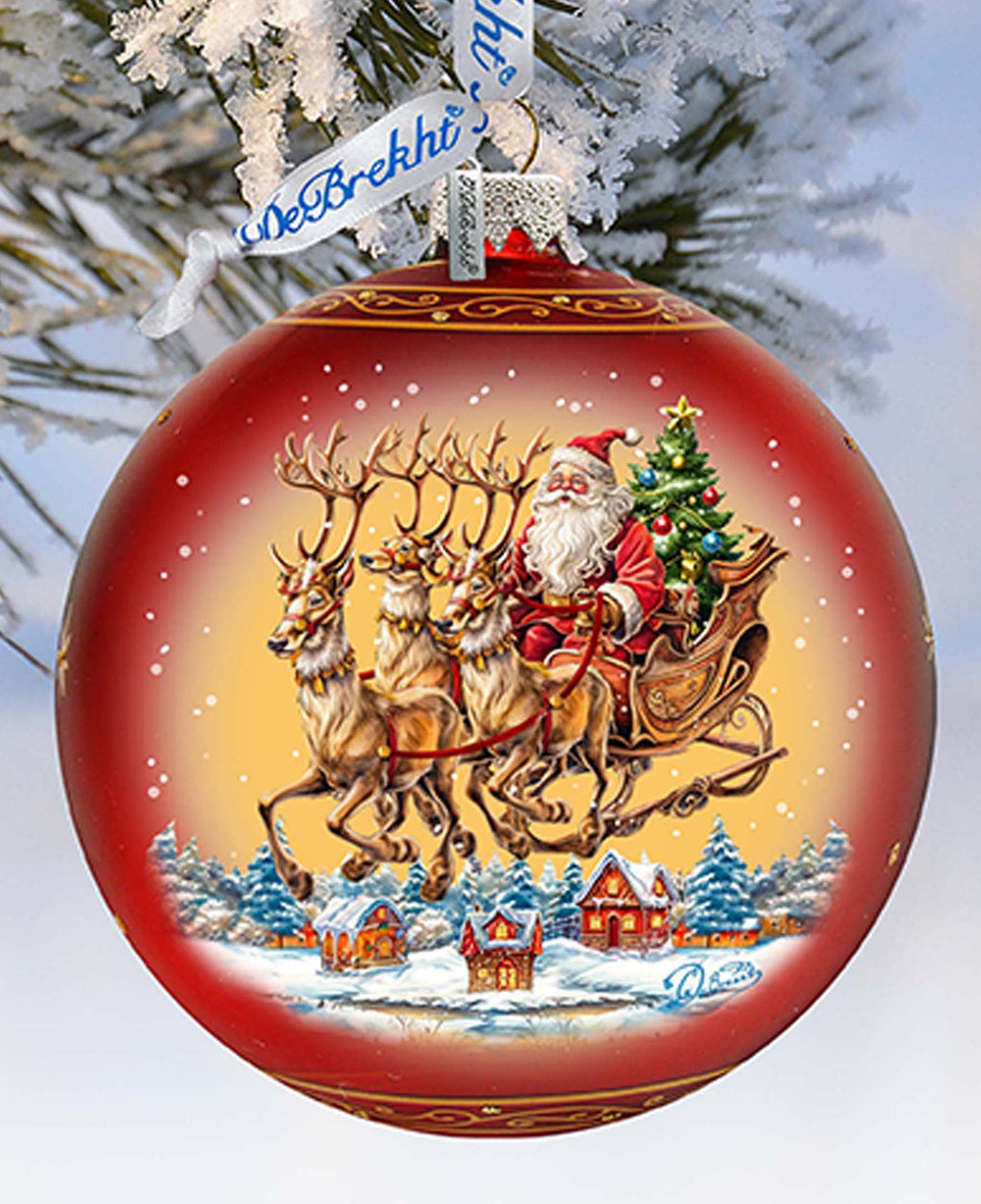 Santa on Sleigh Lg Glass Ornament by G.Debrekht - Christmas Santa Snowman Decor - 73938