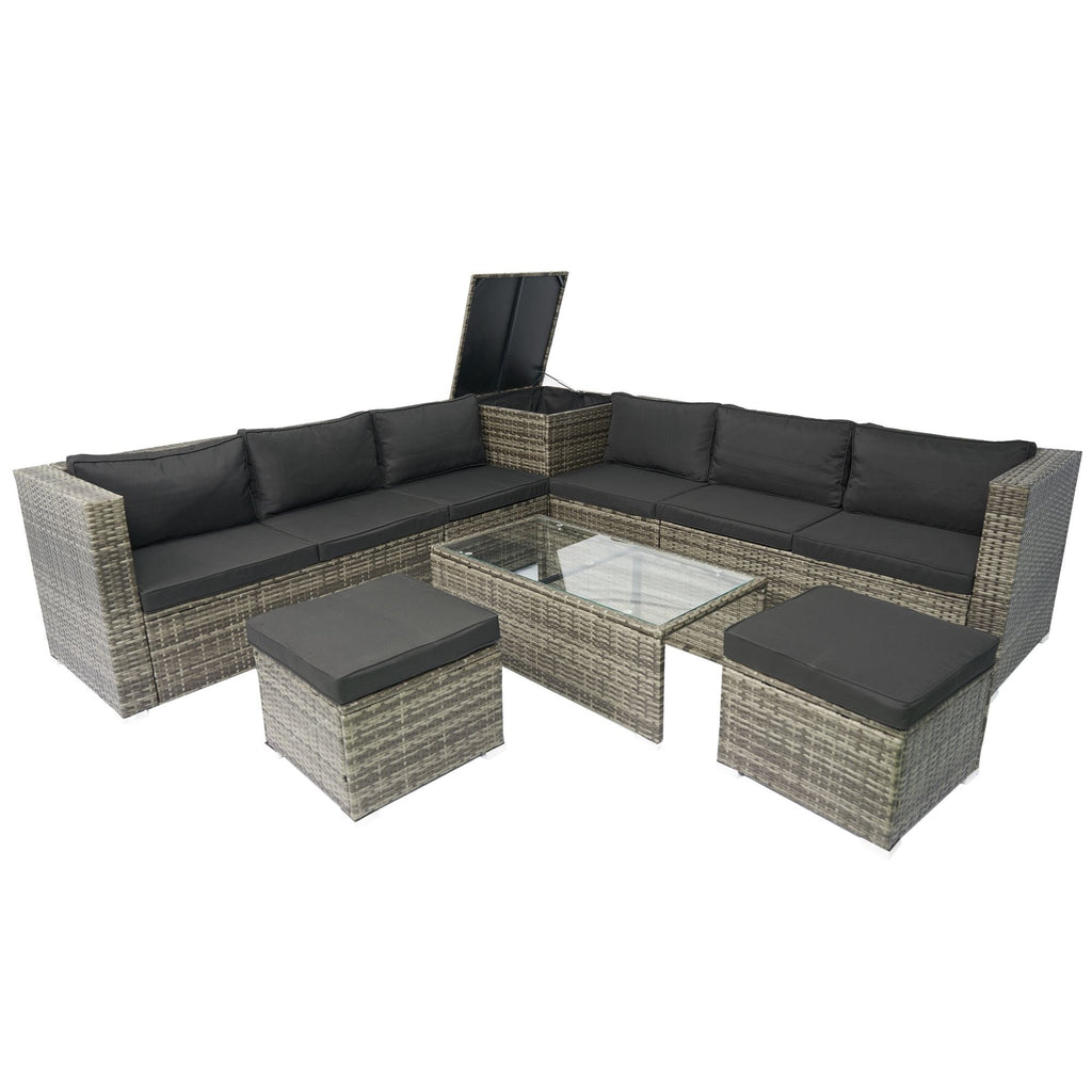 8 Piece Patio Sectional Wicker Rattan Outdoor Furniture Sof Set With One Storage Box Under Seat And Cushion Box - Gray / Black