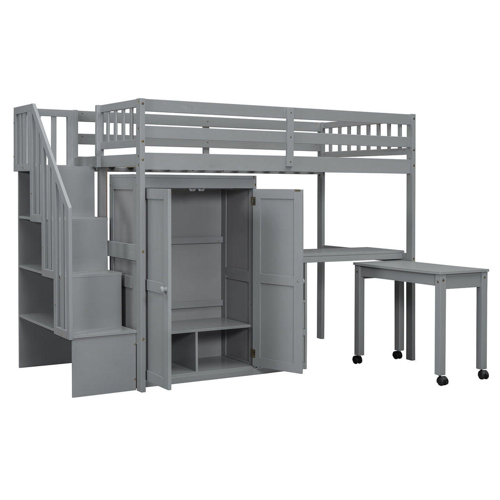 Loft Bed With Stairs, Bookshelf, Drawers, Desk & Wardrobe, Space Saving Multifunctional Furniture