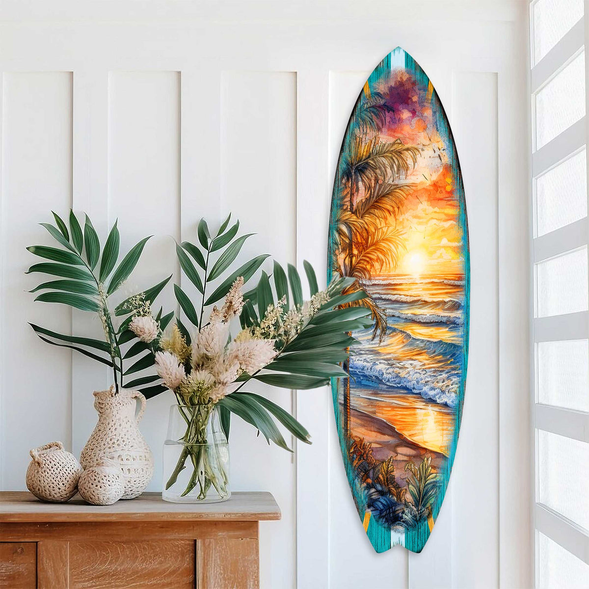 Surfboard Coastal Wall Art - Golden Waves Ocean Sunset Wall Art by G. DeBrekht - Coastal Holiday Decor - 8490136HS