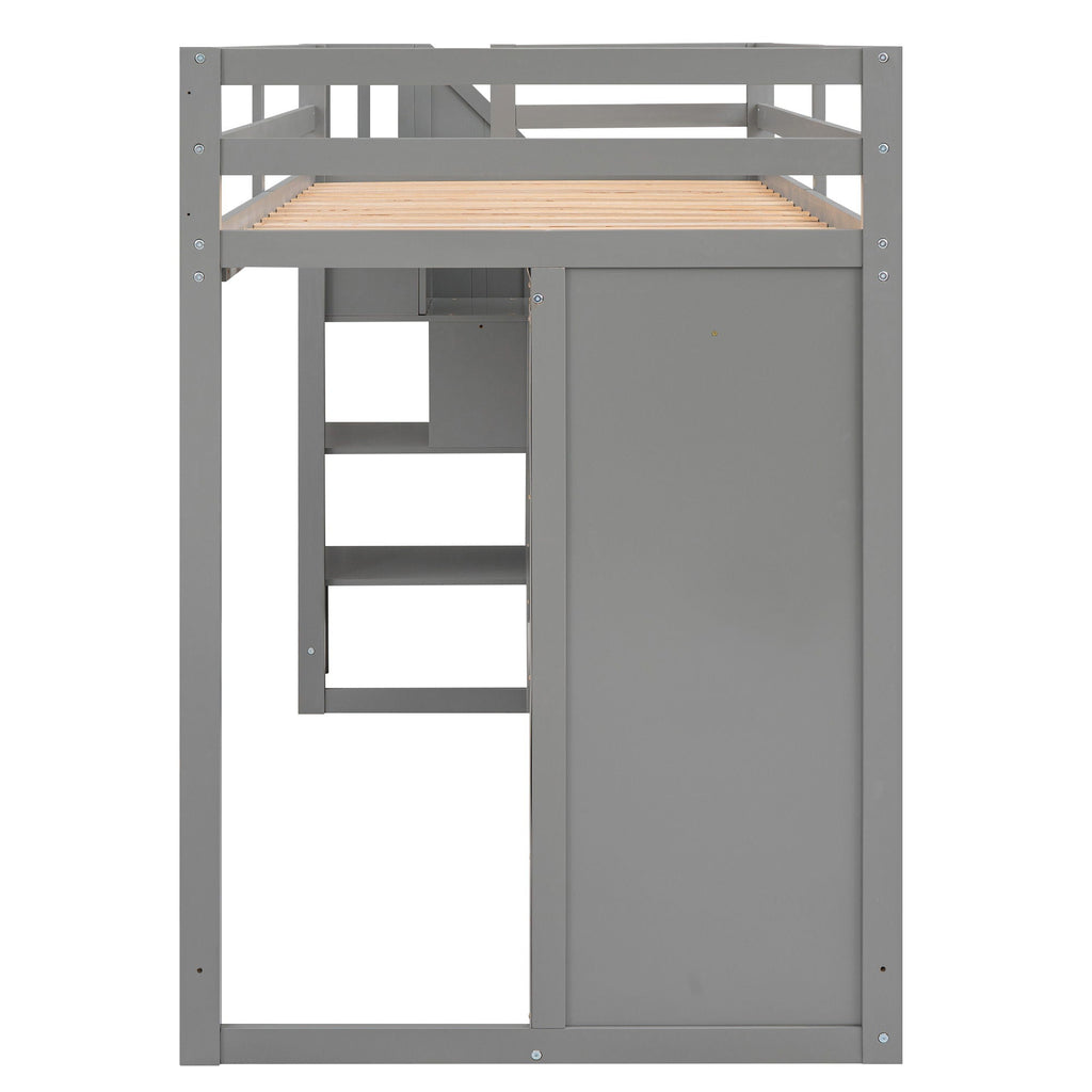 Loft Bed With 3 Shelves, 2 Wardrobes, 2 Drawers, Ladder Storage