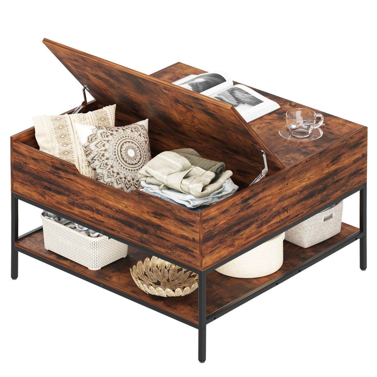 Flip-Top Coffee Table With Storage Lift-Top Design With Hidden Compartment - Black