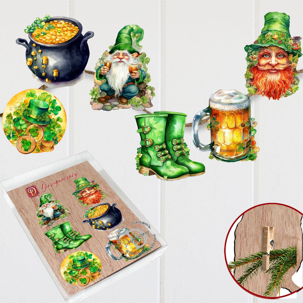 St. Patrick Day Clip-On Eco Wood Decorative Ornaments Set of 6 by G. Debrekht - St. Patrick Day Decor - 8090058C-S6