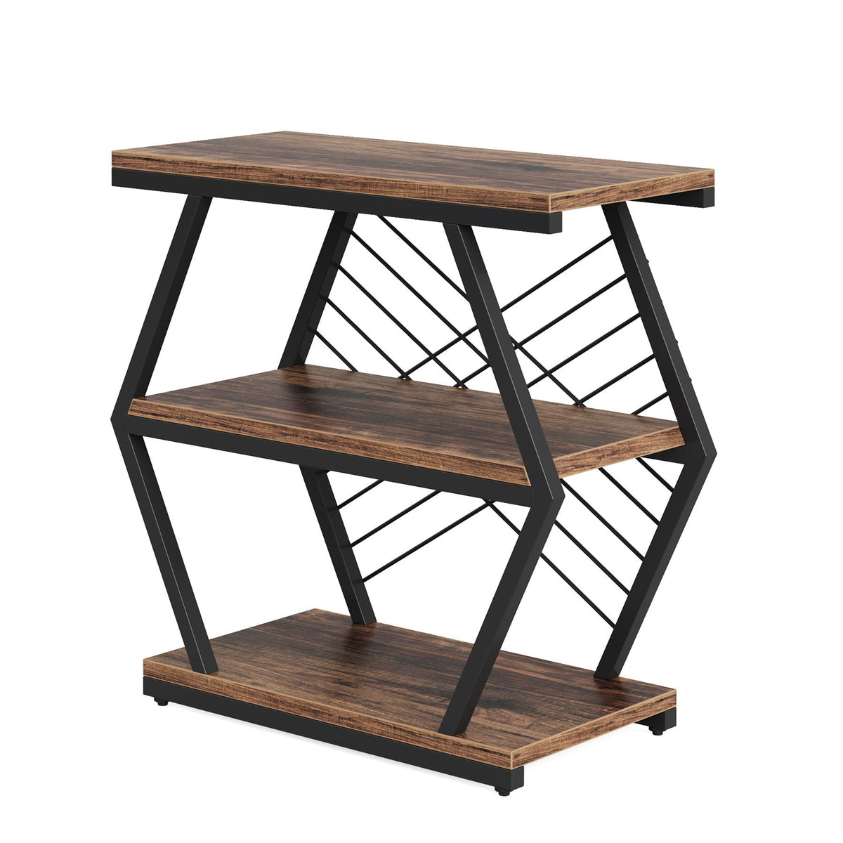 3 Tier End Table Frame With Geometric Design For Living Bedroom - Rustic Brown