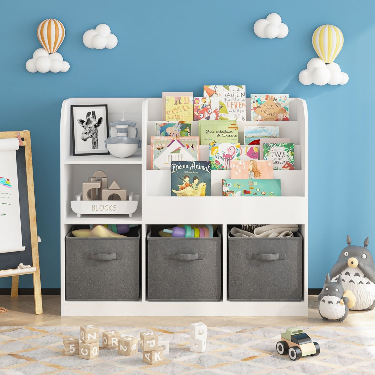 Bookcase And Bookshelf With 3 Collapsible Drawers, Multifunctional Display Stand