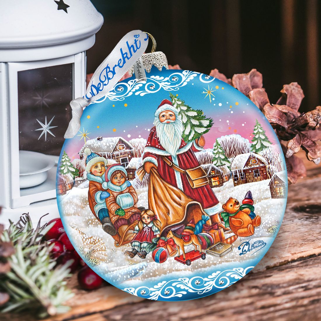 Santa Gift Giver Blue Ball Glass Ornament Limited Edition by G. DeBrekht - Christmas Santa Snowman Decor - 73874B