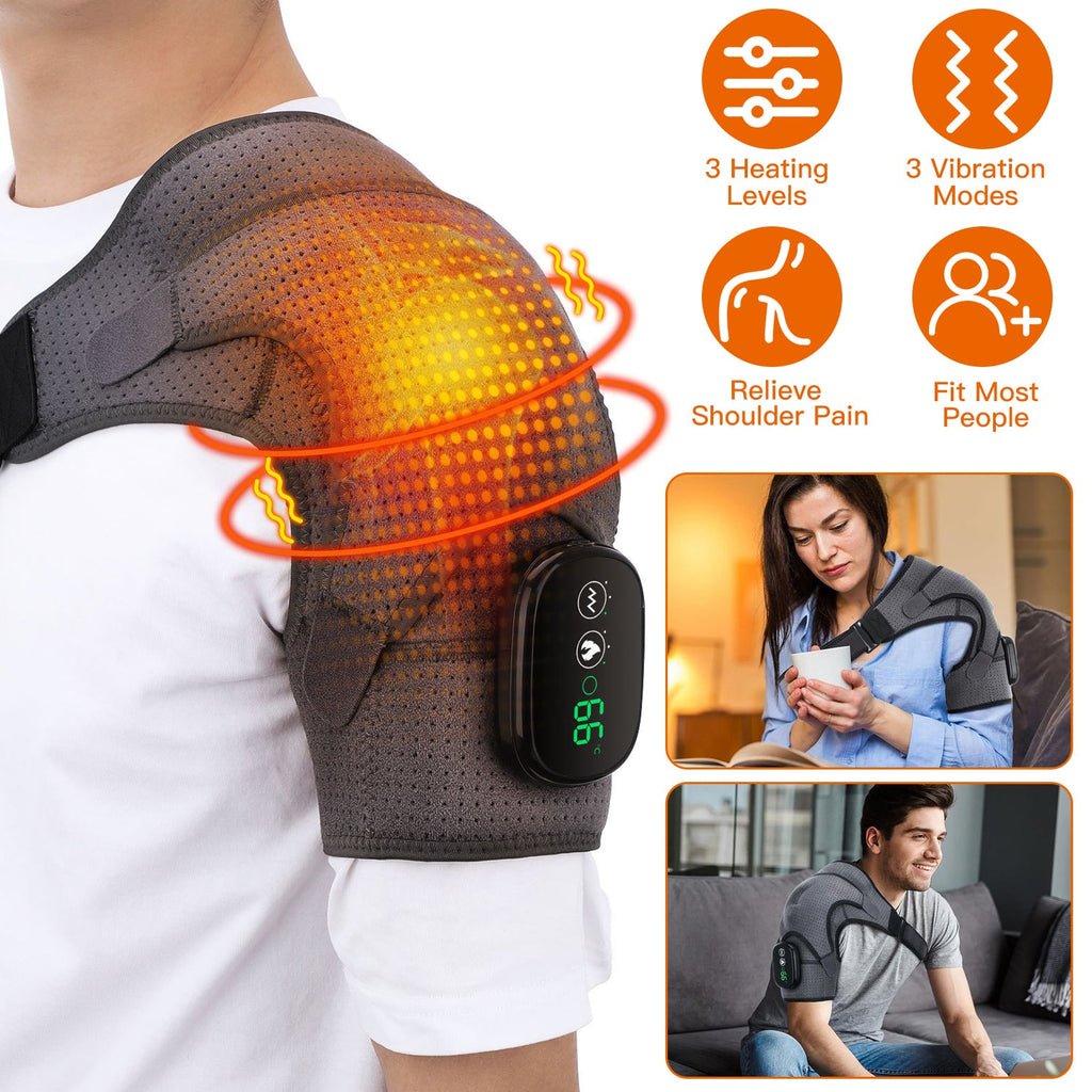 Cordless Shoulder Heating Pad Rechargeable Heated Shoulder Wrap Massager Shoulder Brace Supports with 3 Heating Levels 3 Vibration Modes for Left Righ