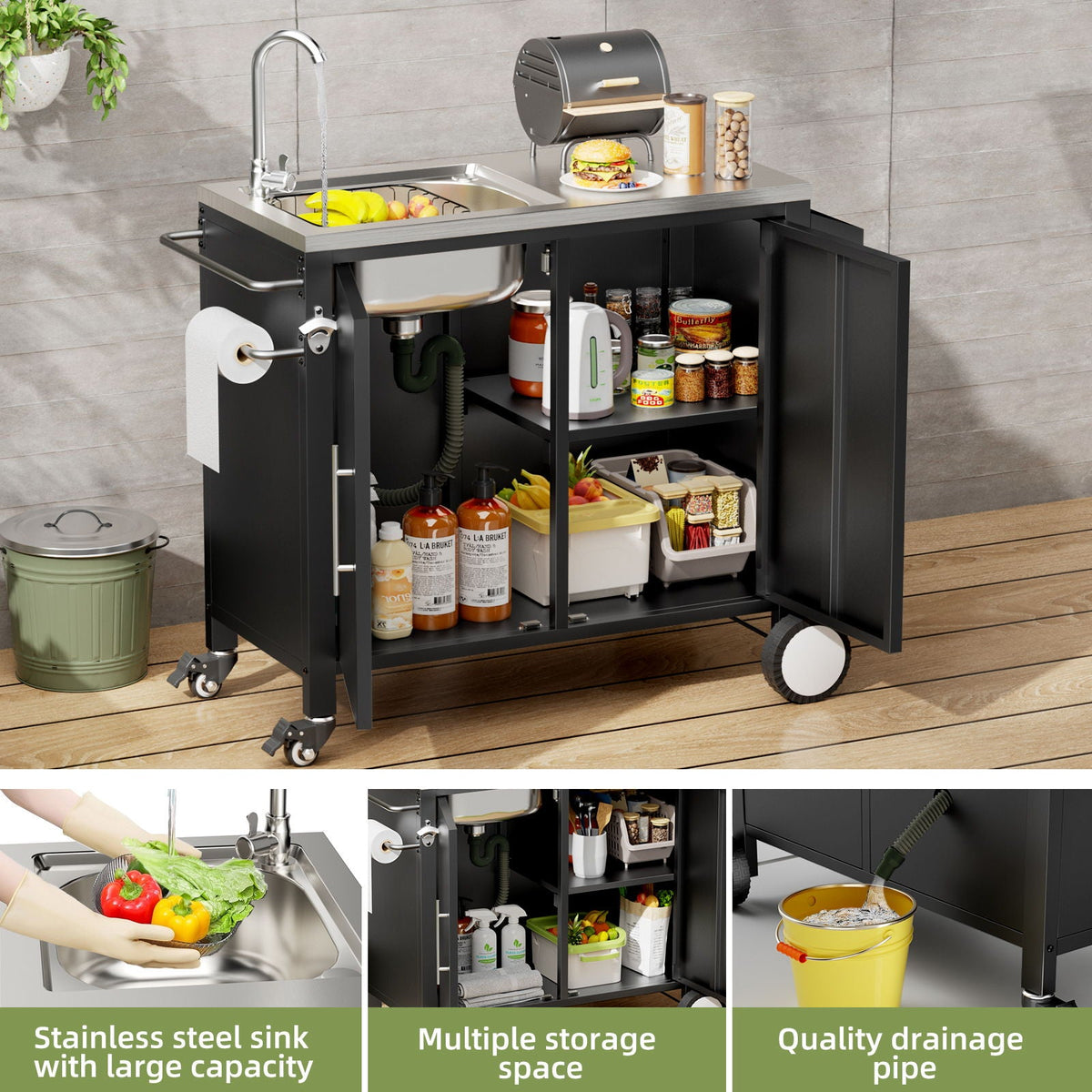Outdoor Grill Cart With 304 Stainless Steel Sink And Cabinet - Black / Silver