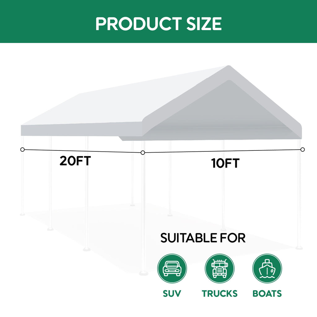10 X 20 Ft Carport Canopy Cover Replacement Heavy Duty Waterproof Fabric With 36 Bungee Cords UV & Tear Resistant (Cover Only) - White