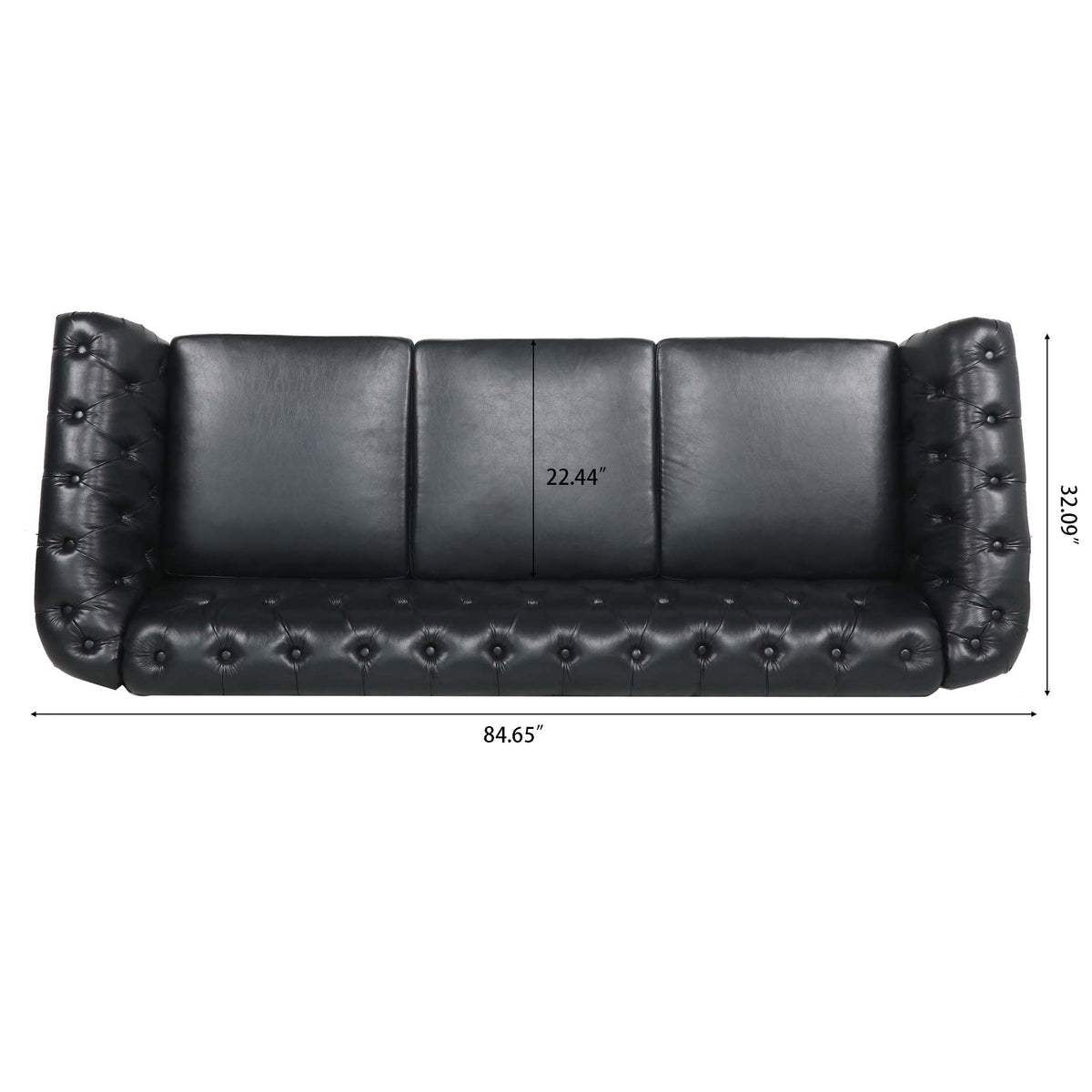 84.65" Black PU Rolled Arm Chesterfield Three Seater Sofa