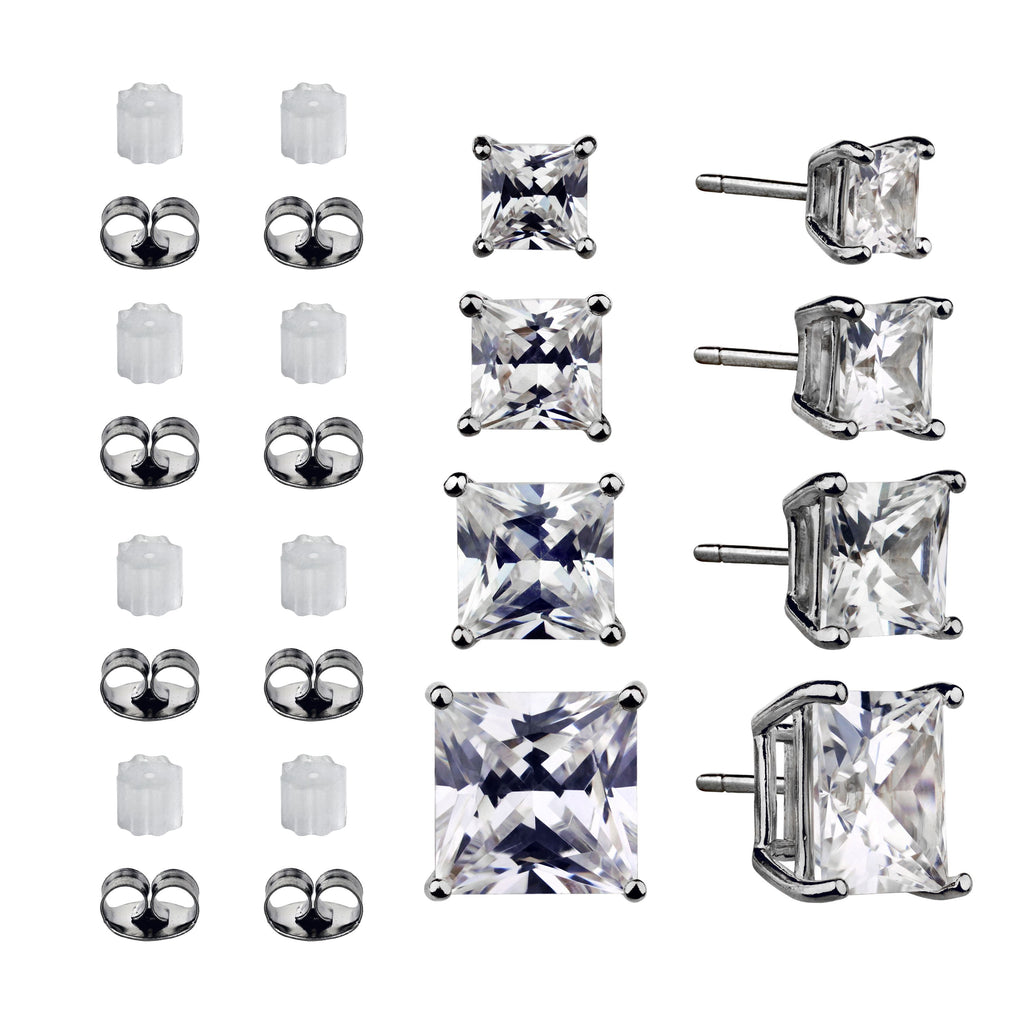 Women'S Simulated Diamond 4 Pair Square Earrings in Sterling Silver