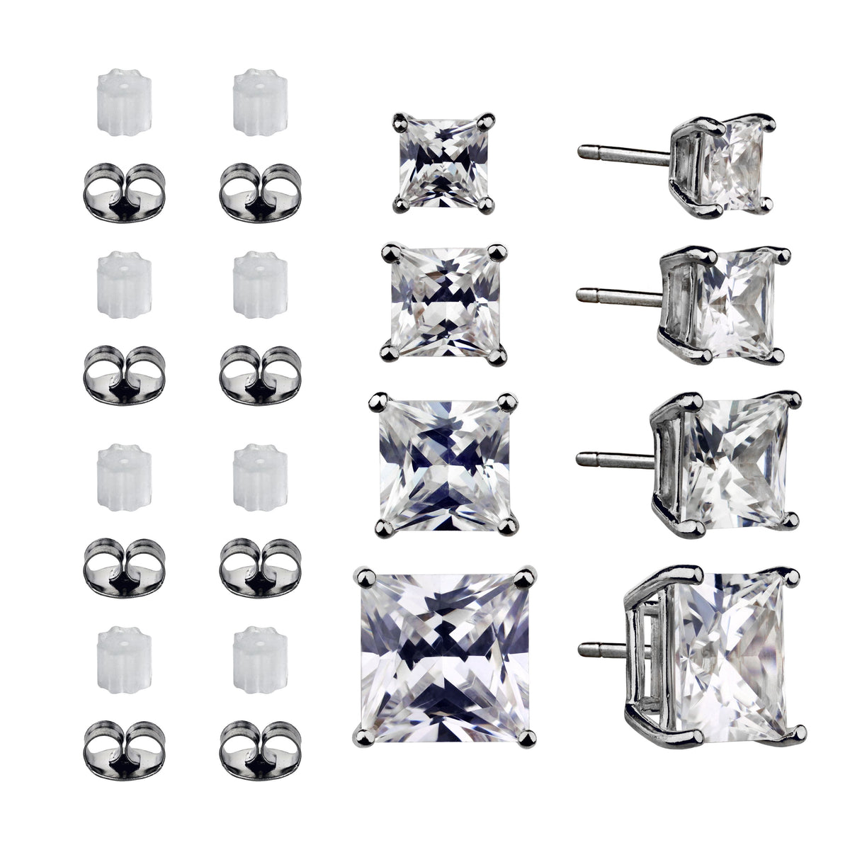 Women'S Simulated Diamond 4 Pair Square Earrings in Sterling Silver