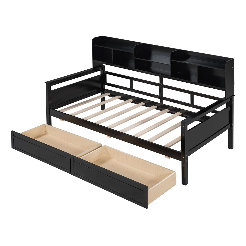 Daybed, Slat Support, With Bedside Shelves And 2 Drawers