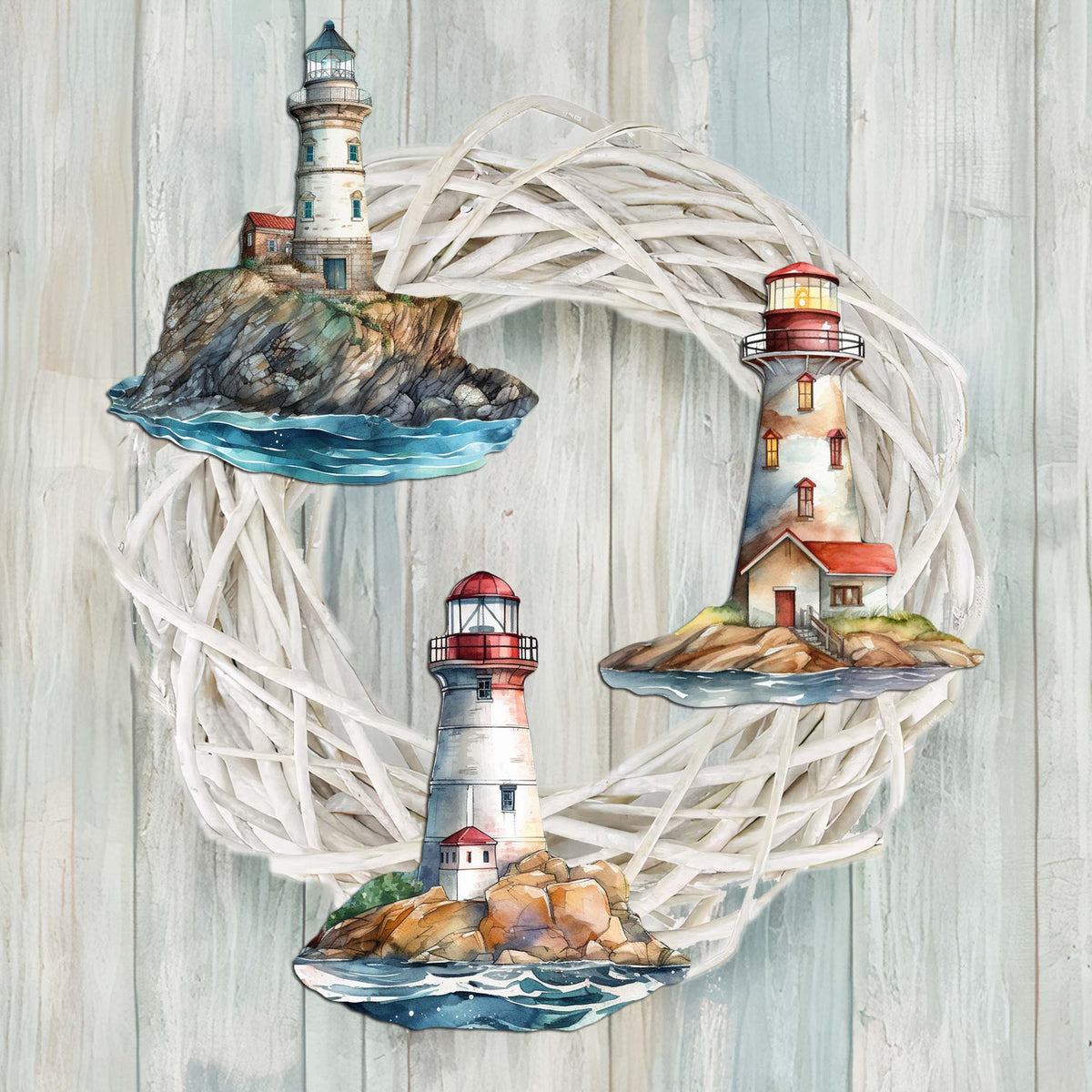 Lighthouse Clip-On Eco Wood Decorative Ornaments Set of 3 by G. Debrekht - Coastal Decor - 8091022C-S3