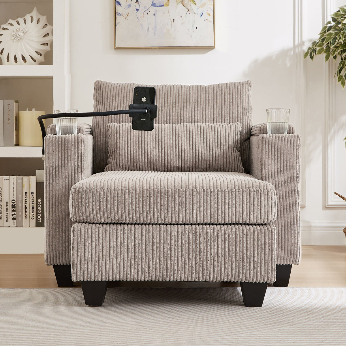 Convertible Chaise Lounge Sofa Chair With USB Ports, Cup Holders, Phone Holder And Storage