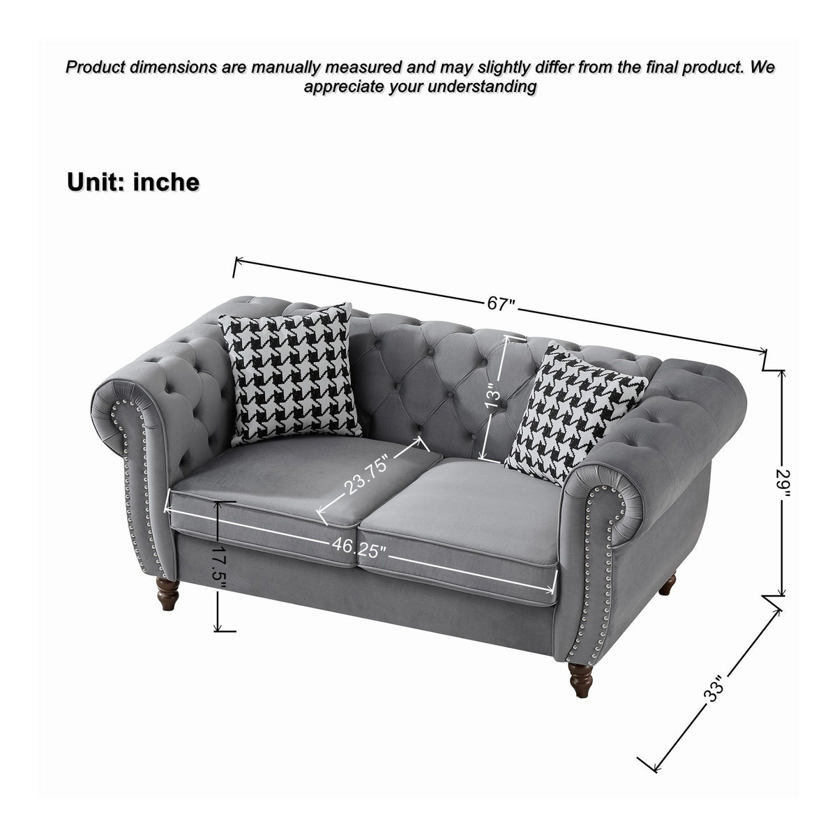 Chesterfield Upholstery Fabric Loveseat With Roll Armrest And Nailhead