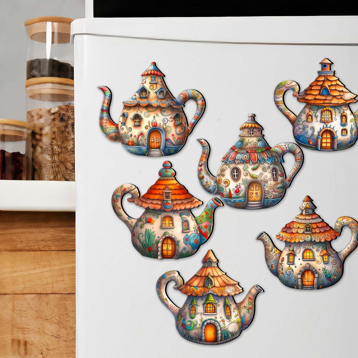 Teapots Decorative Eco Wood Magnets Set of 6 by G. Debrekht - Love Family Decor - 8090072G-S6