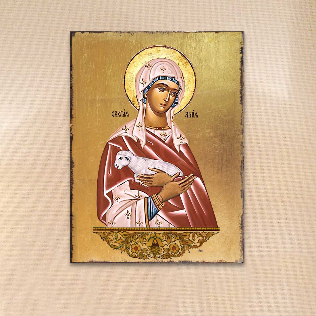Saint Agnia Wooden Gold Plated Religious Christian Sacred Icon - Inspirational Icon Decor - 85025