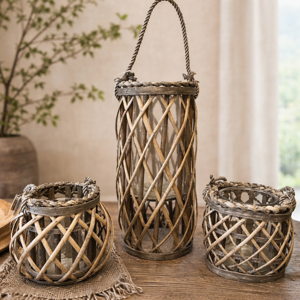 WILLOW LANTERN WITH GLASS VASE