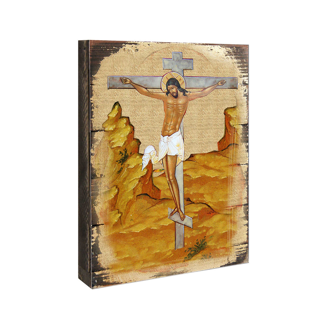Crucifixion Wooden Gold Plated Religious Christian Sacred Icon - Inspirational Icon Decor - 85058