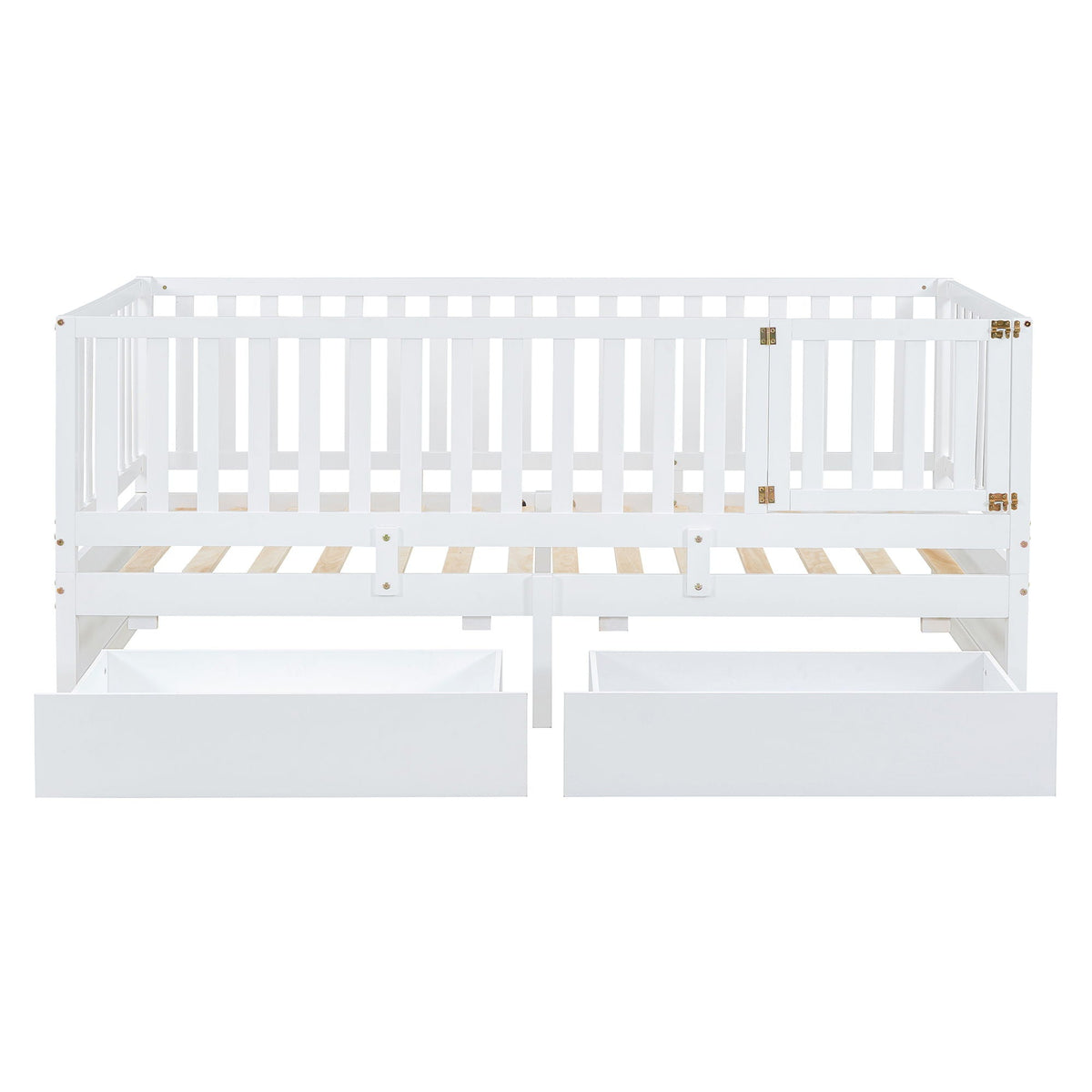 Daybed With Fence Guardrails And 2 Drawers, Split Into Independent Floor Bed & Daybed
