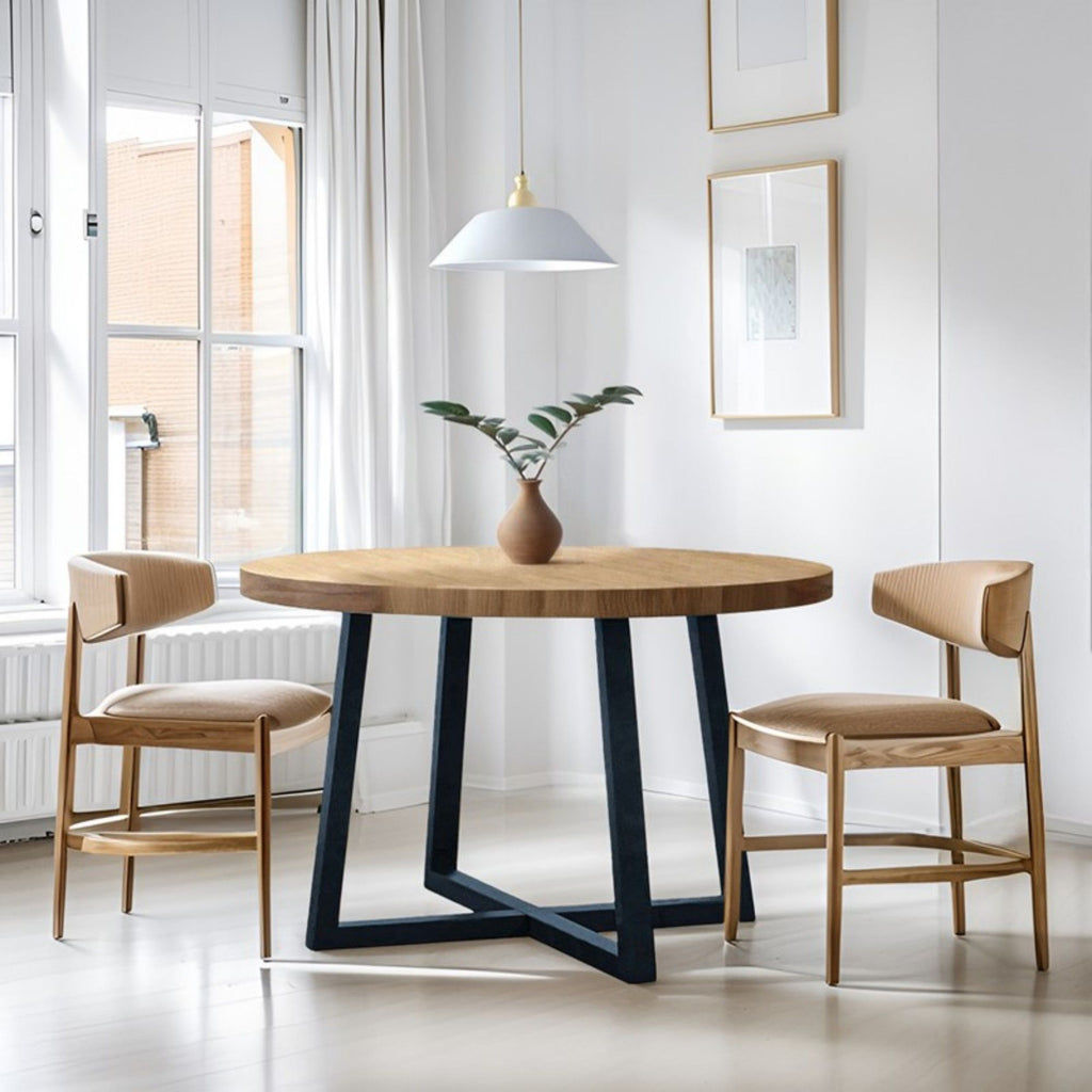 Round Dining Table With Wire Brushed Mindi Top And Mahogany Base - Wheat