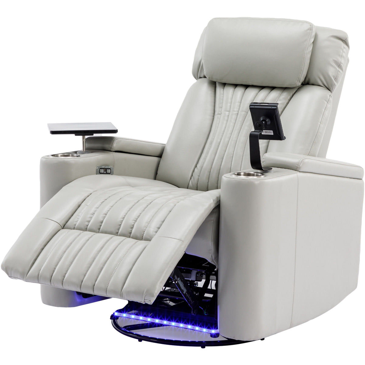 270° Power Swivel Recliner Home Theater Chair With Hidden Arm Storage, LED Light, Cup Holder, And Tray Table