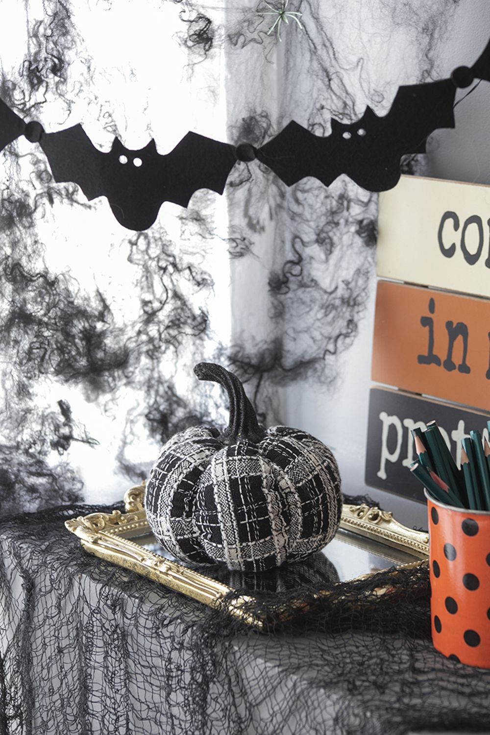 Light Plaid Pumpkin, For Holiday Halloween Decor - Black / White