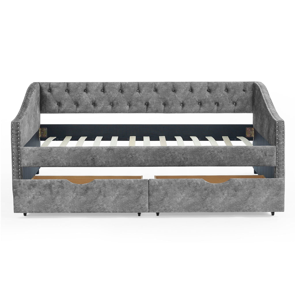 Upholstered Tufted Daybed With 2 Drawers, Waved Arms