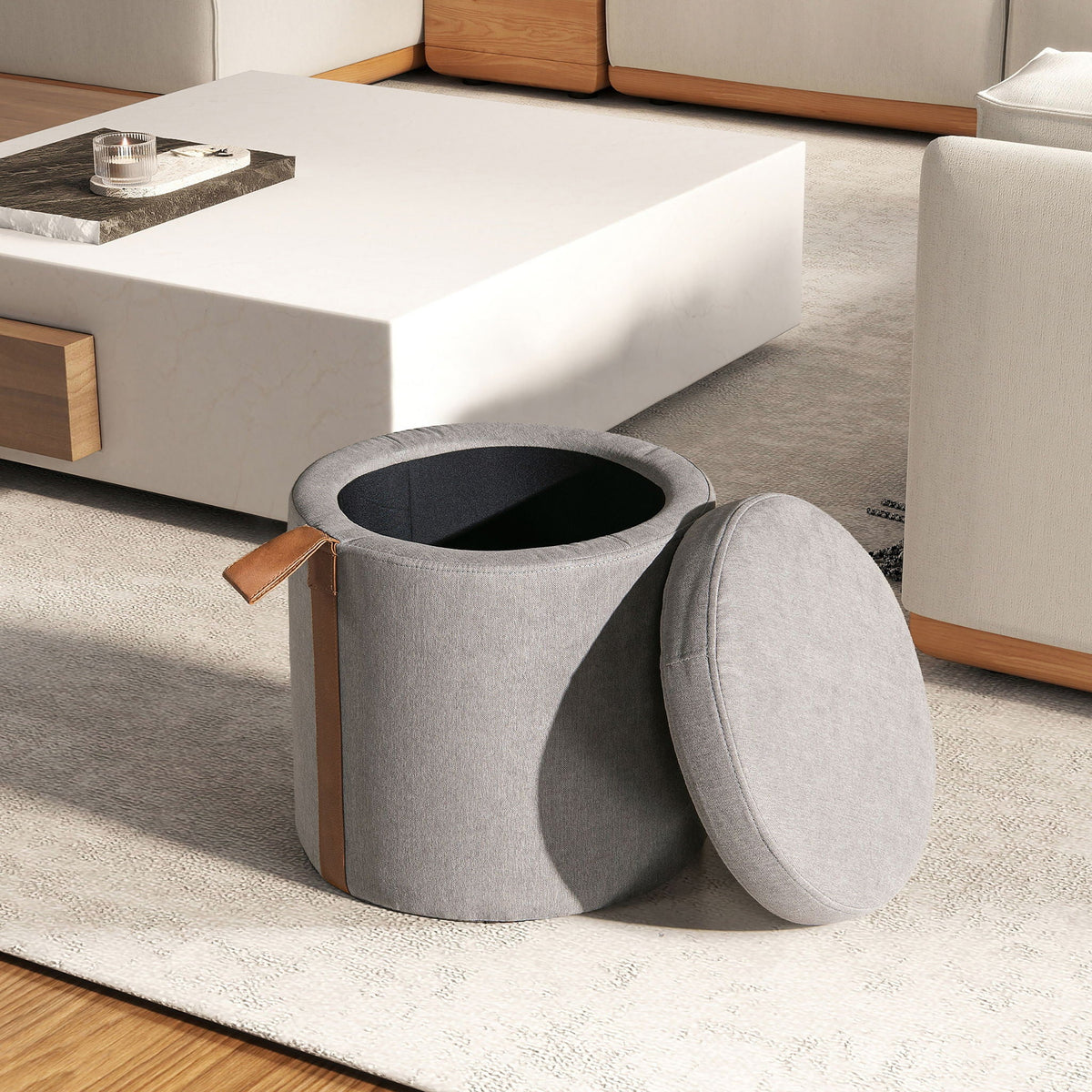 Brandy - Round Upholstered Storage Ottoman With Accent