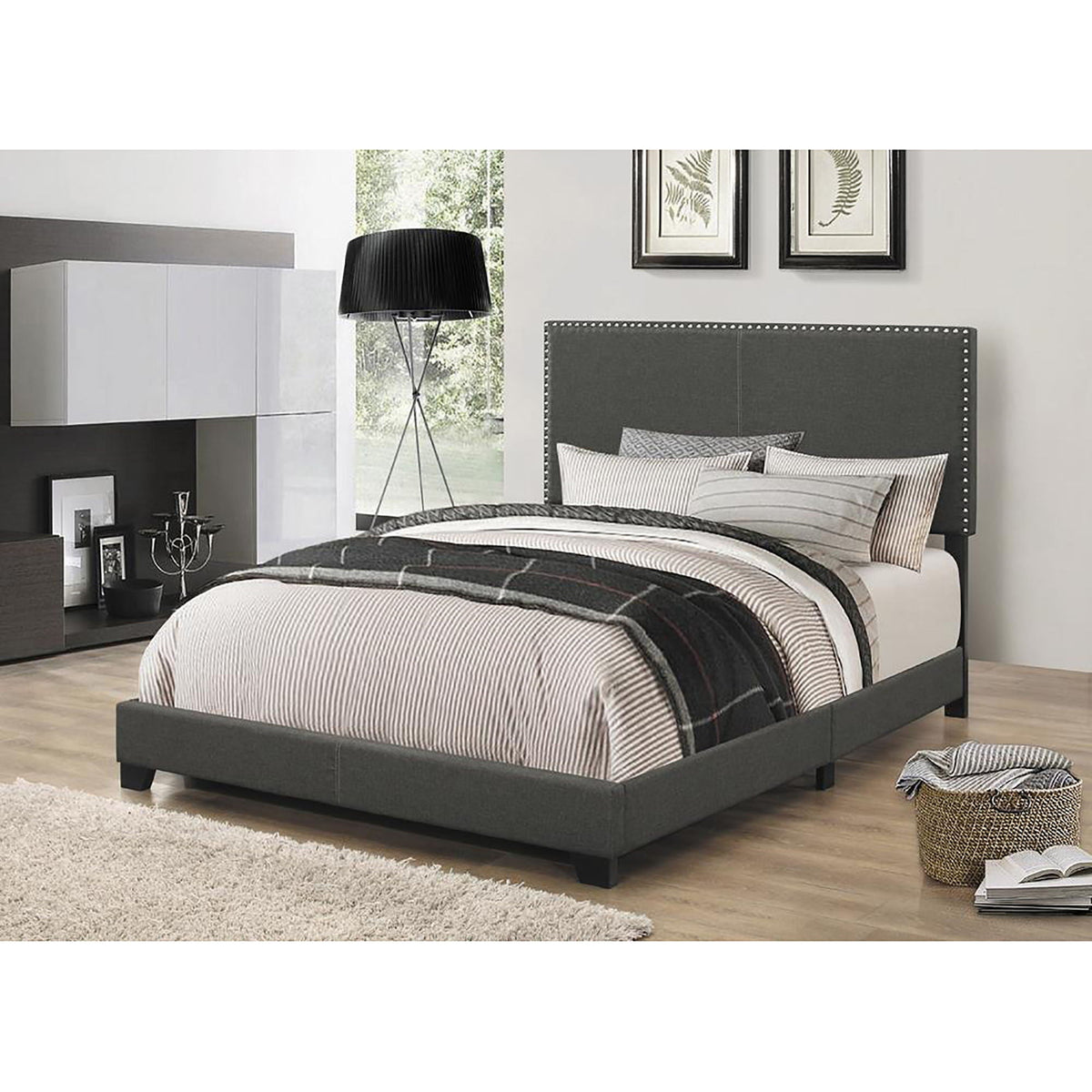 Upholstered Full Bed With Nailhead Trim - Charcoal