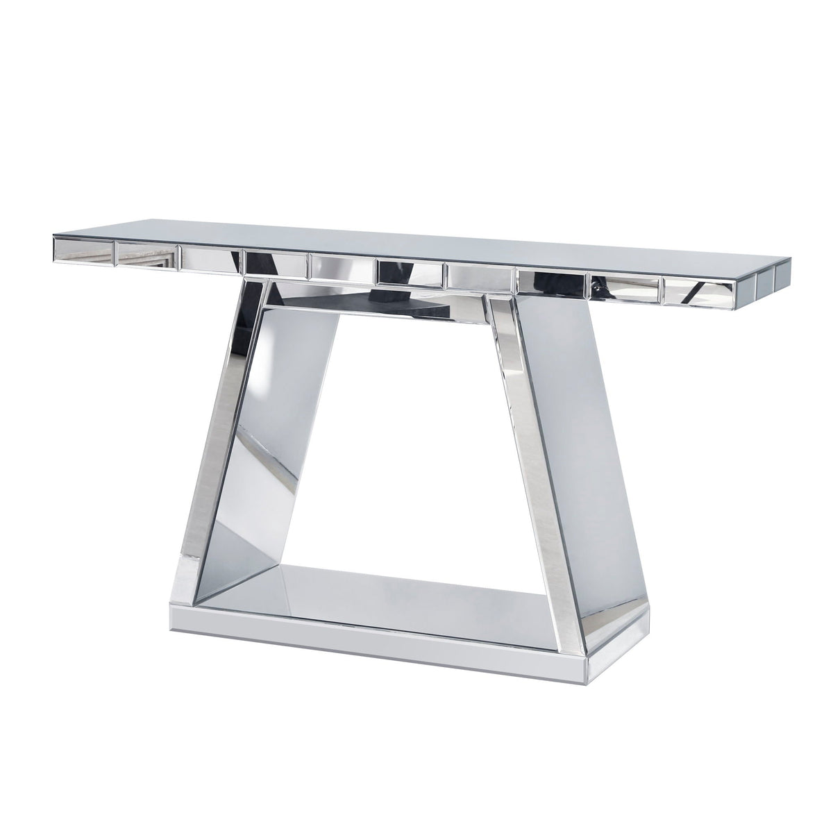 Modern Luxe Full Body Mirror Entryway Table With Trapezoid Base, 360° Reflective Console, Scratch Resistant, Open Storage - Silver