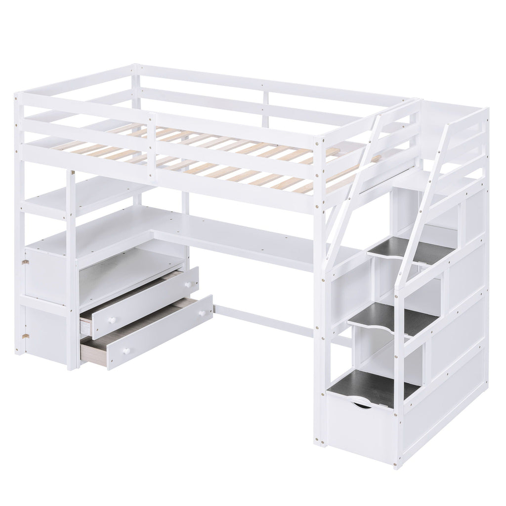 Loft Bed With Desk, Shelves, 2 Drawers, Storage Staircase