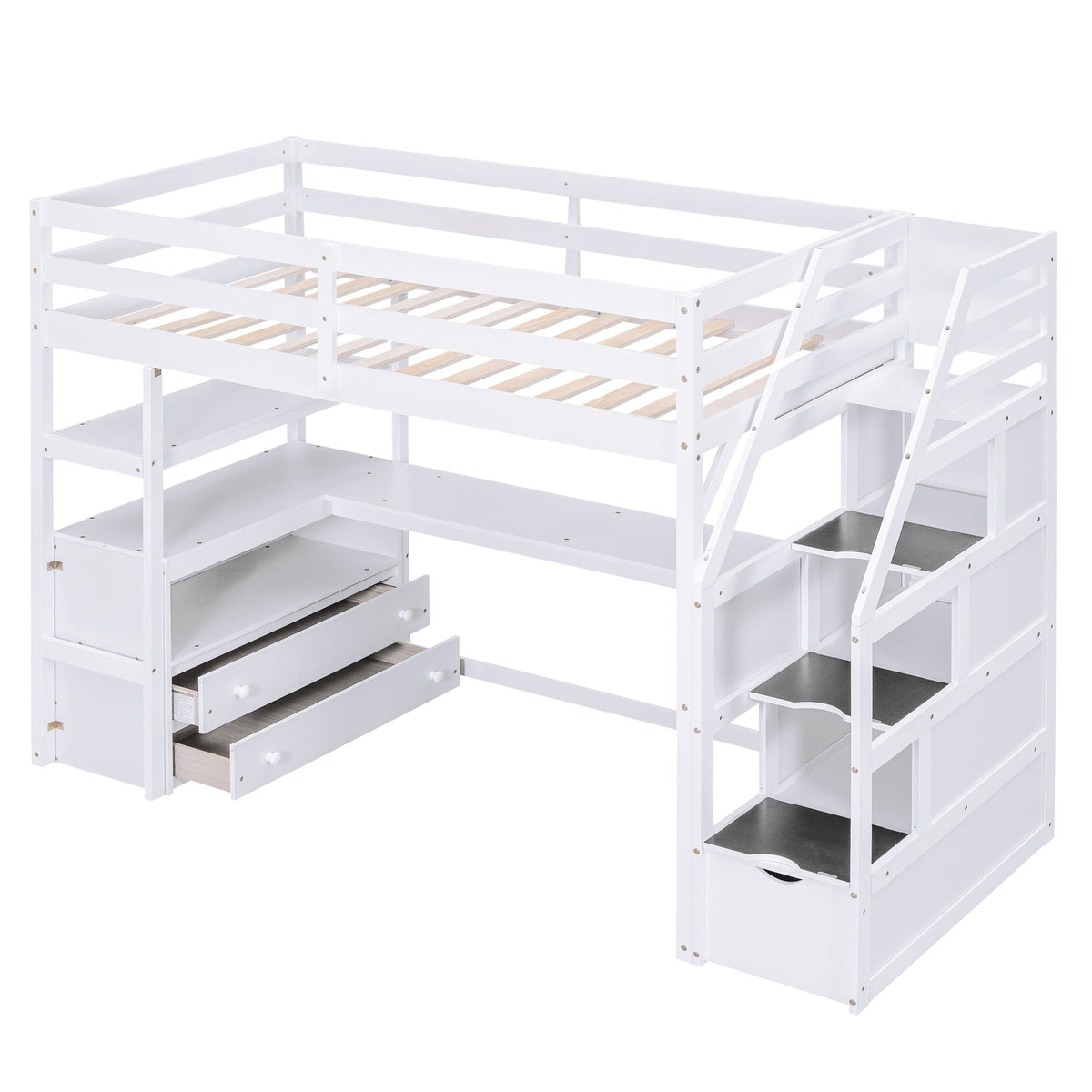Loft Bed With Desk, Shelves, 2 Drawers, Storage Staircase