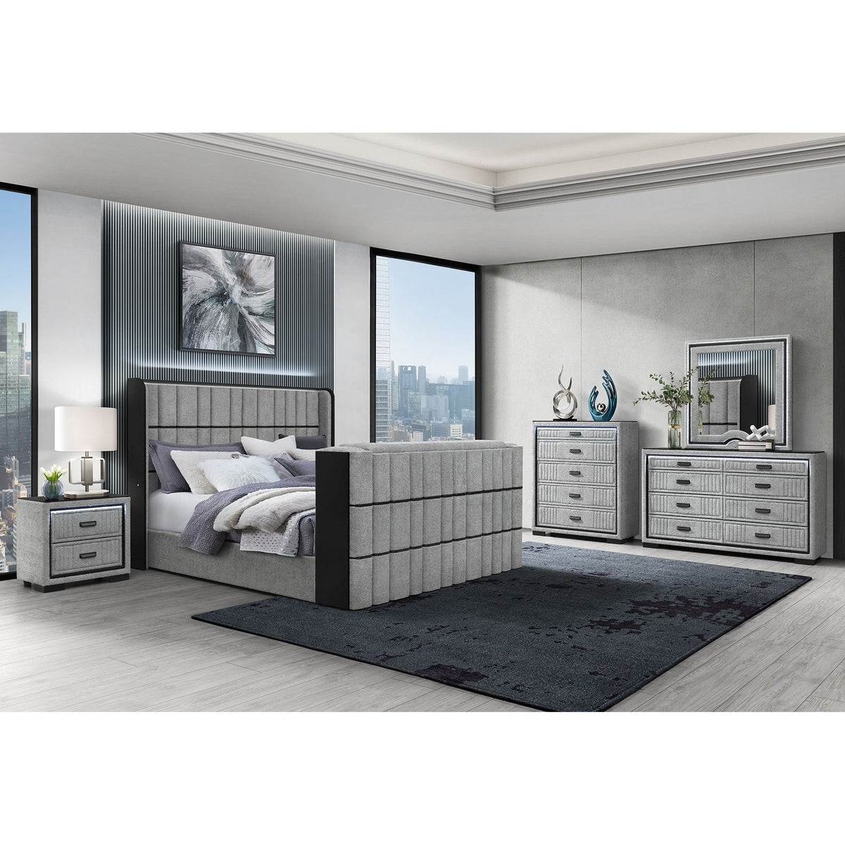 Isaiah - 5 Piece Bedroom Set With TV Lift-LED, Speakers And Fireplace