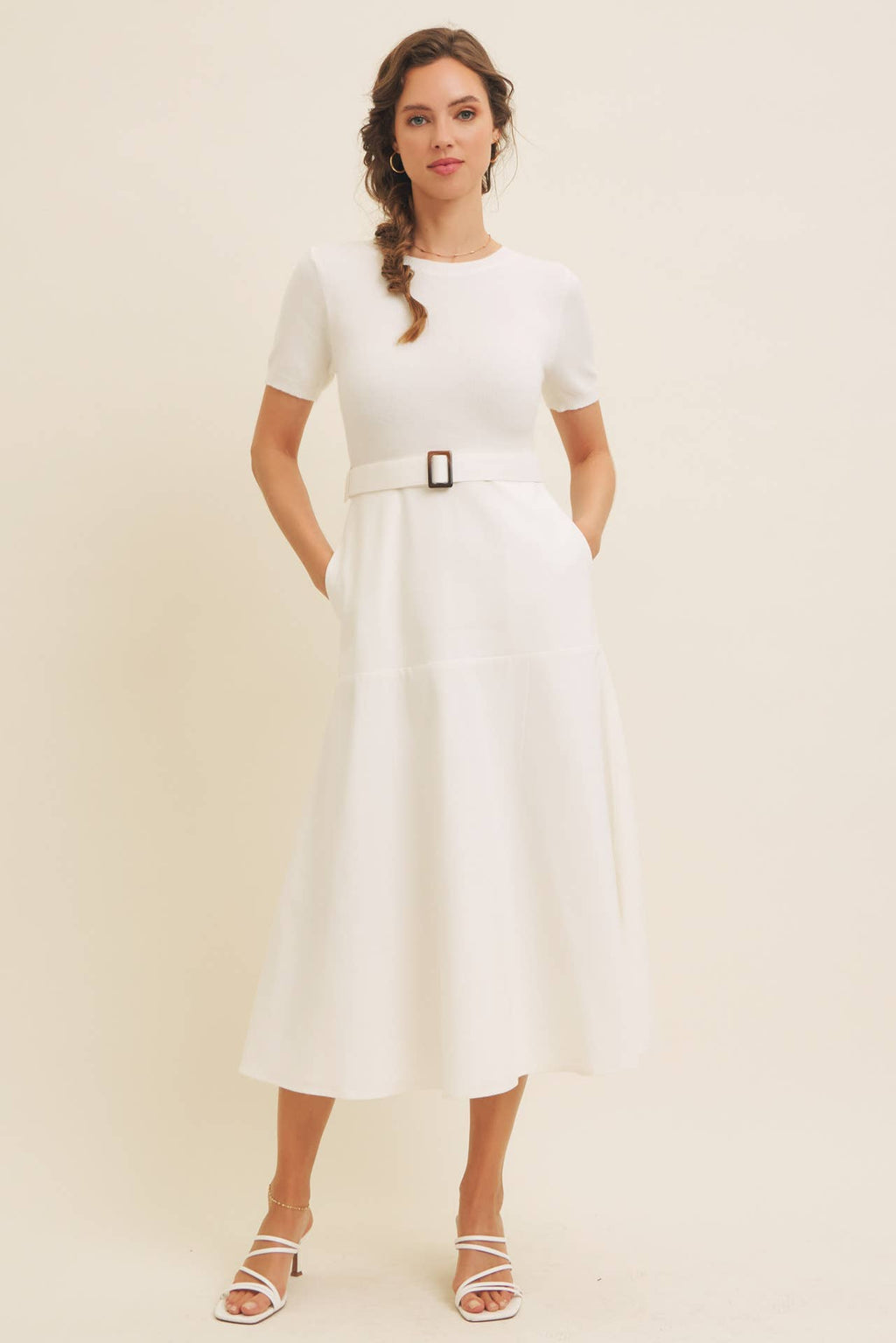 Delaney Sweater Midi Dress - White Mixed Media Dress with Belt