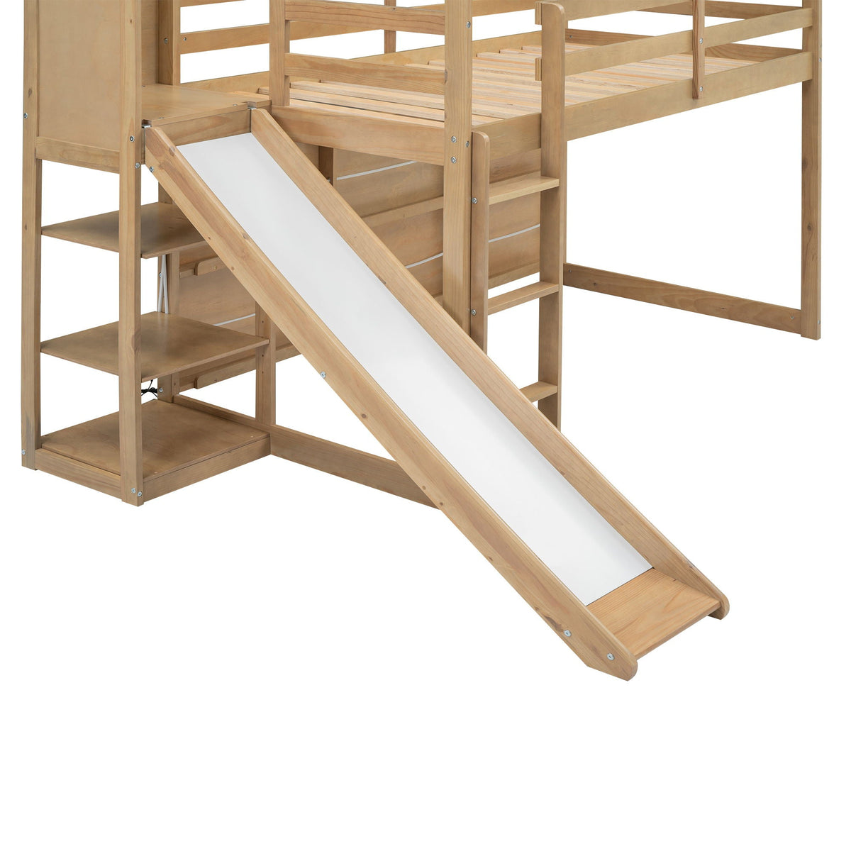 House Loft Bed With Slide, Storage Shelves And Light, Climbing Ramp