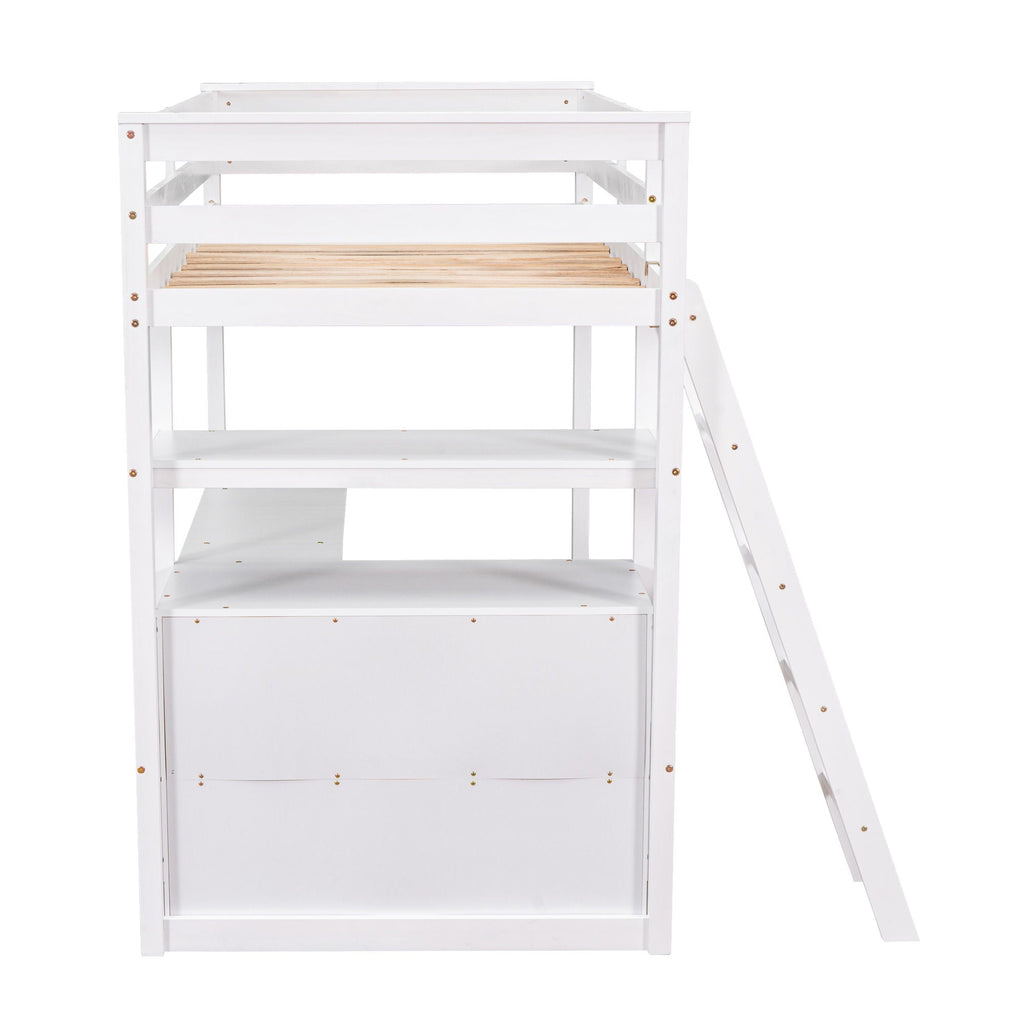 Modern Loft Bed With Built In Desk, Shelves, And 2 Drawers